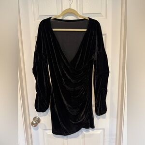 Black Velvet Draped V-Neck Women's Dress